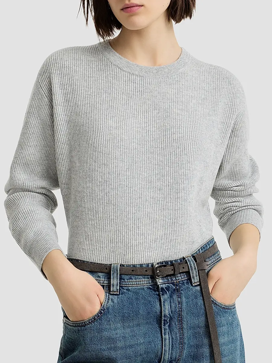 Brunello Cucinelli Women's Cashmere English Rib Sweater with Monili - Light Grey | Thumbnail 4 Brunello Cucinelli Women's Cashmere English Rib Sweater with Monili - Light Grey | Thumbnail 4