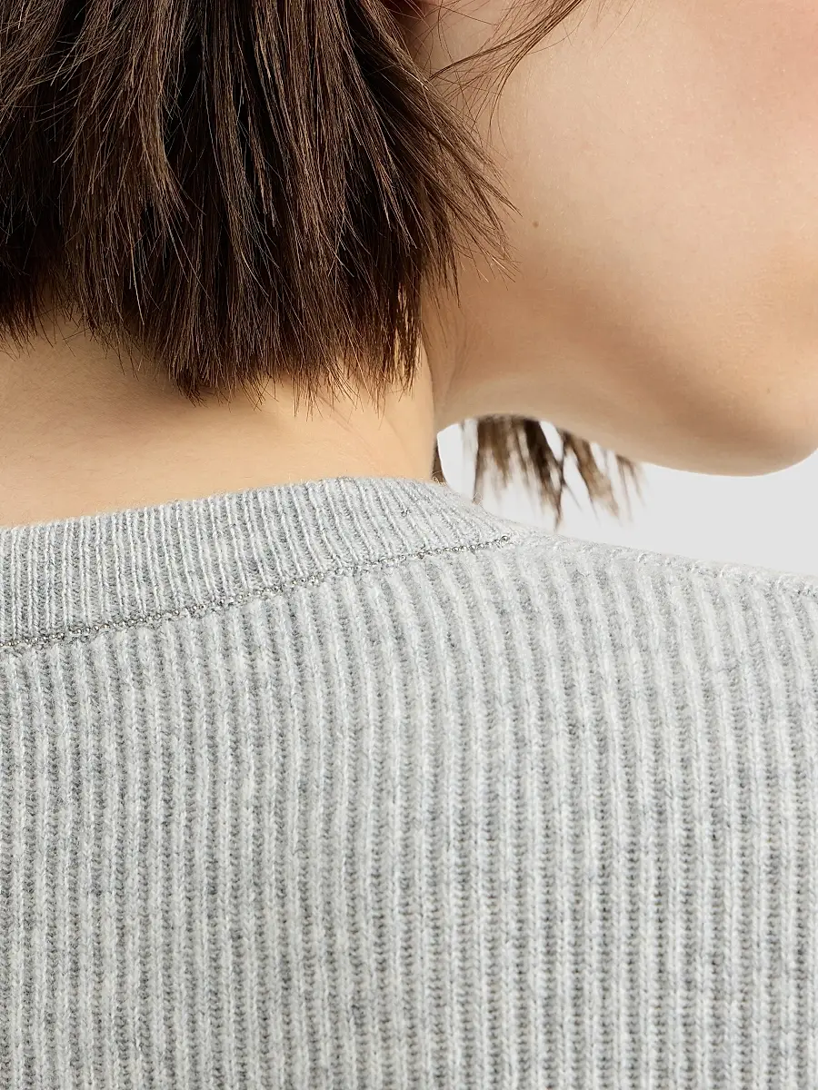 Brunello Cucinelli Women's Cashmere English Rib Sweater with Monili - Light Grey | Thumbnail 5 Brunello Cucinelli Women's Cashmere English Rib Sweater with Monili - Light Grey | Thumbnail 5