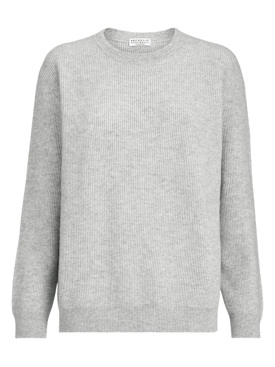 Brunello Cucinelli Women's Cashmere English Rib Sweater with Monili - Light Grey