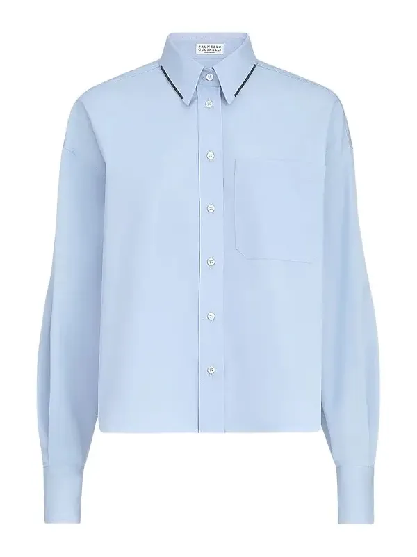 Brunello Cucinelli Women's Cotton Poplin Shirt with Shiny Details - Oxford Blue