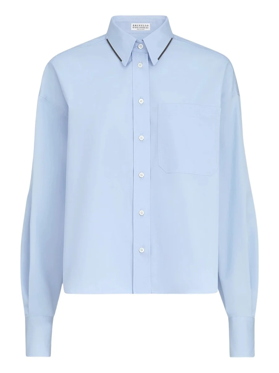 Brunello Cucinelli Women's Cotton Poplin Shirt with Shiny Details - Oxford Blue