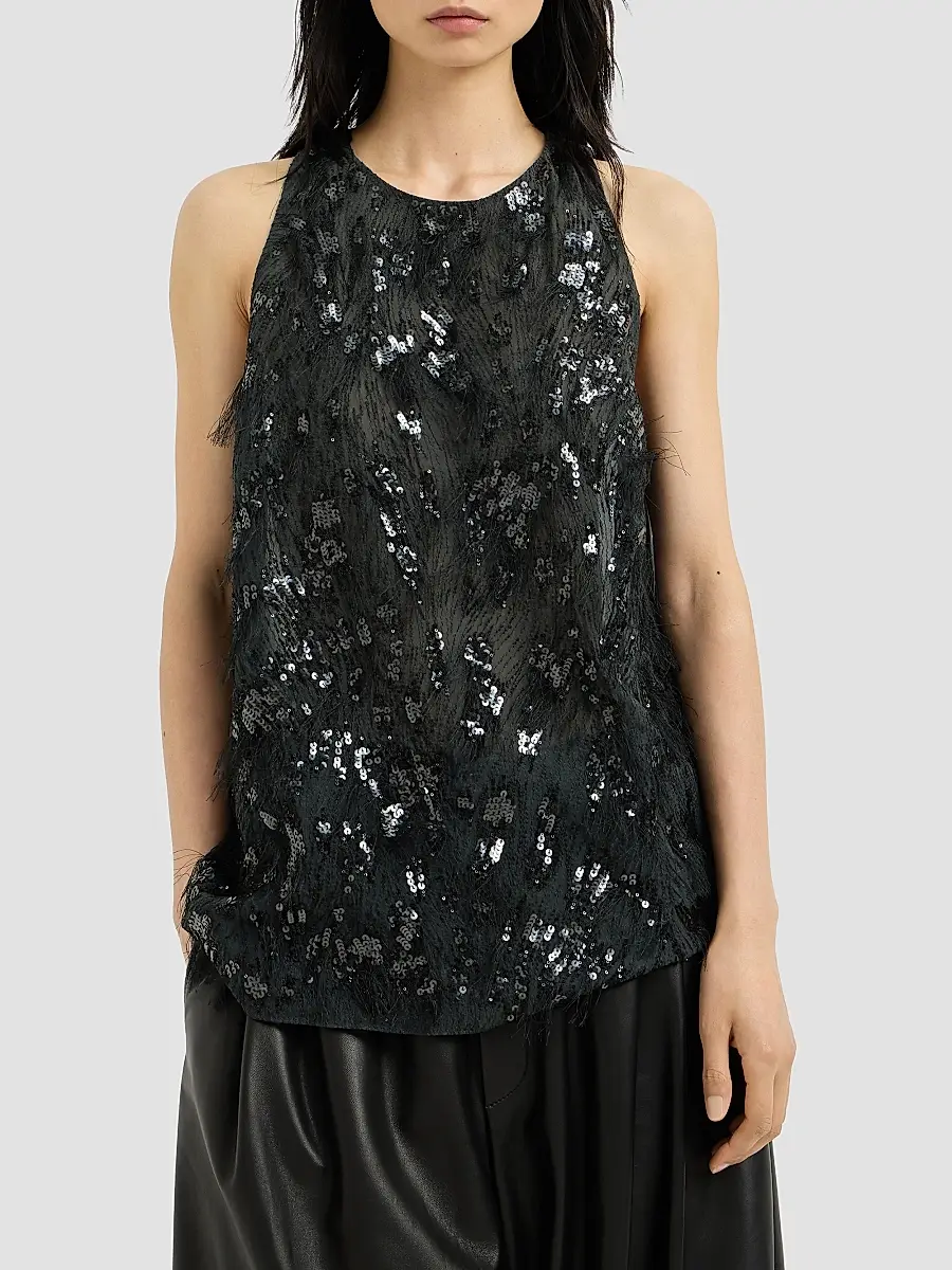 Brunello Cucinelli Women's Crispy Silk Top with Dazzling Lynx Embroidery | Thumbnail 2 Brunello Cucinelli Women's Crispy Silk Top with Dazzling Lynx Embroidery | Thumbnail 2