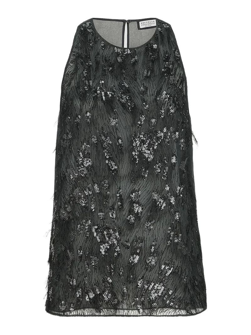 Brunello Cucinelli Women's Crispy Silk Top with Dazzling Lynx Embroidery