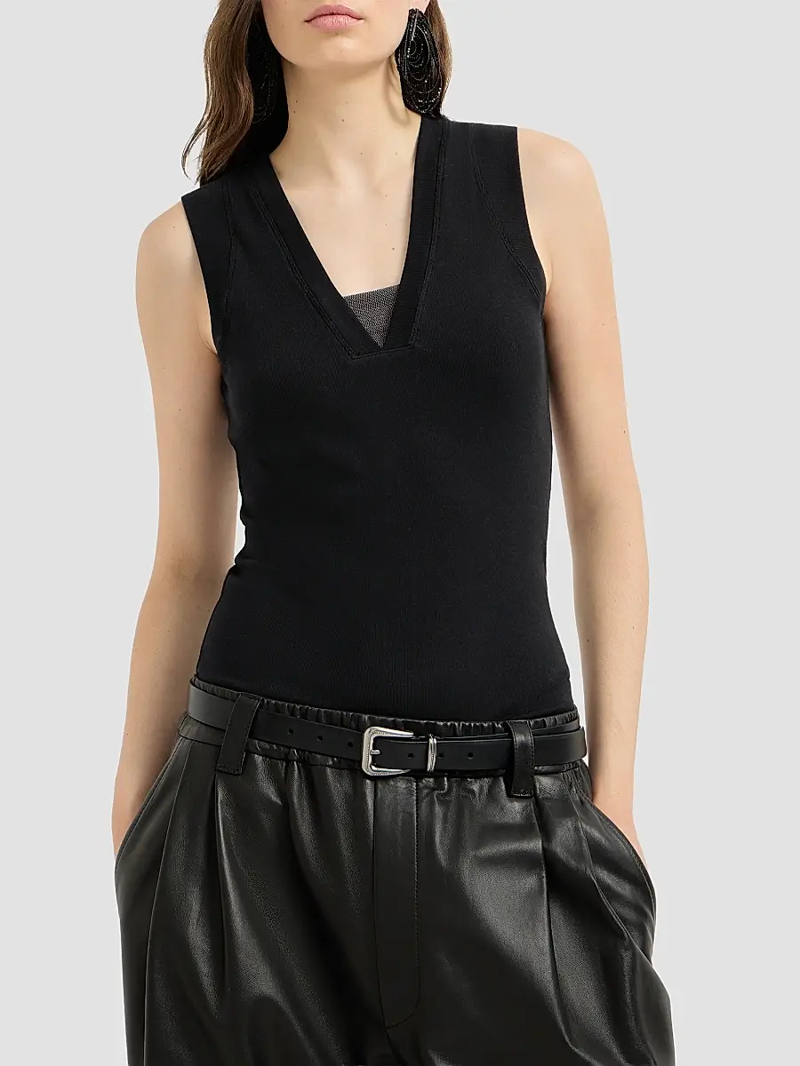 Brunello Cucinelli Women's Stretch Cotton Jersey T-Shirt with Precious Faux-Layering - Black | Thumbnail 2 Brunello Cucinelli Women's Stretch Cotton Jersey T-Shirt with Precious Faux-Layering - Black | Thumbnail 2