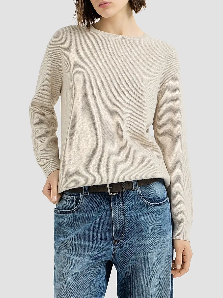 Brunello Cucinelli Women's Cashmere English Rib Sweater with Monili - Oat | Thumbnail 2 Brunello Cucinelli Women's Cashmere English Rib Sweater with Monili - Oat | Thumbnail 2