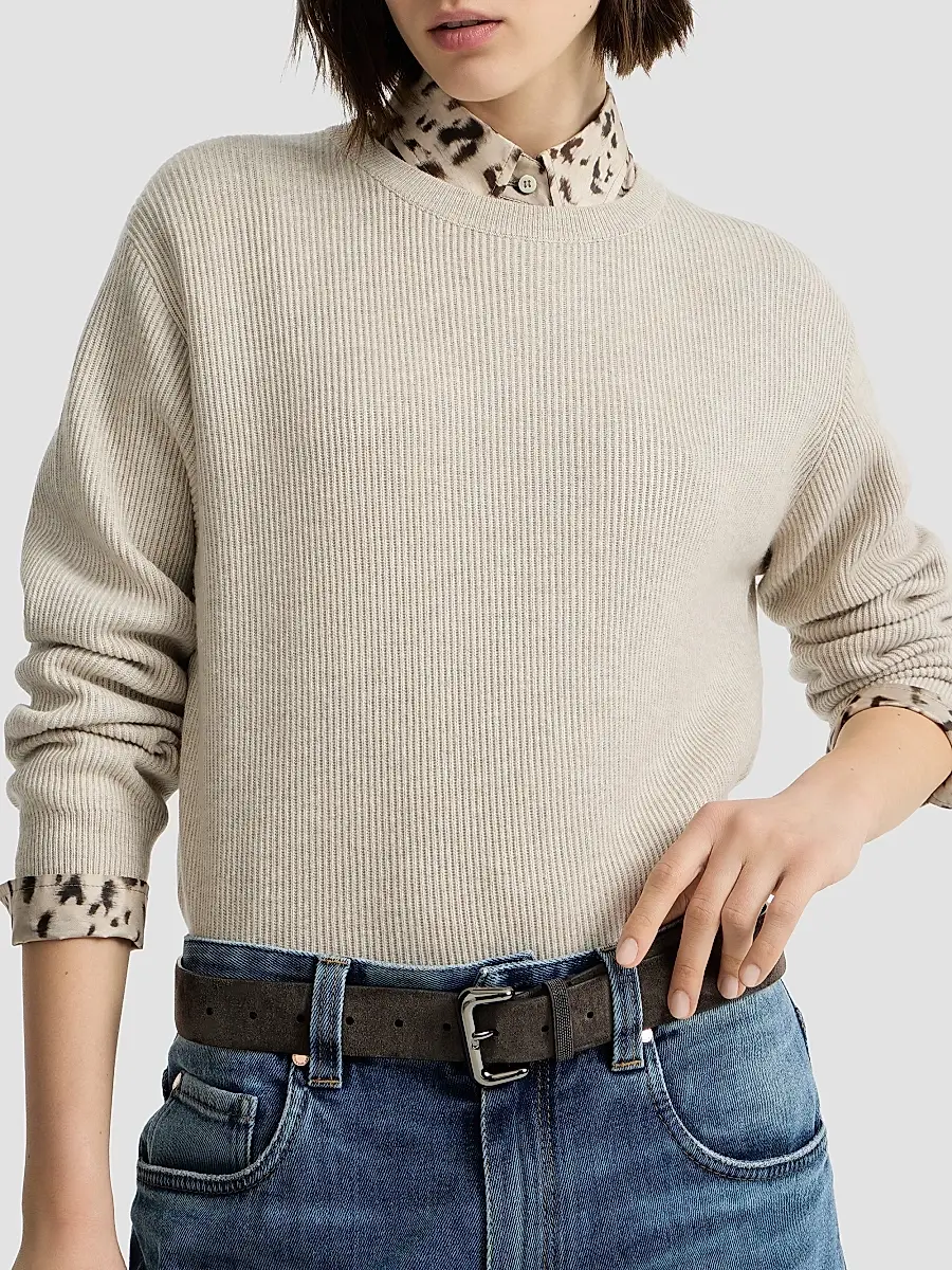 Brunello Cucinelli Women's Cashmere English Rib Sweater with Monili - Oat | Thumbnail 4 Brunello Cucinelli Women's Cashmere English Rib Sweater with Monili - Oat | Thumbnail 4