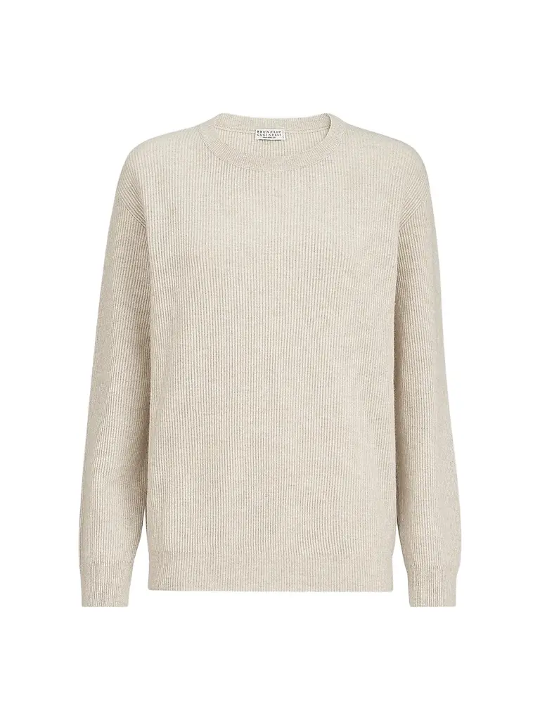 Brunello Cucinelli Women's Cashmere English Rib Sweater with Monili - Oat