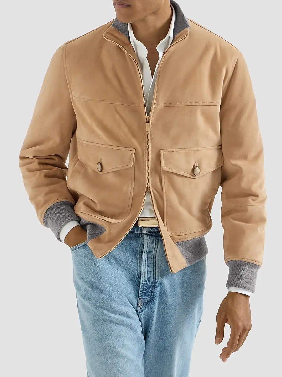 Brunello Cucinelli Men's Suede Bomber Jacket with Thermore Padding - Sand | Thumbnail 2