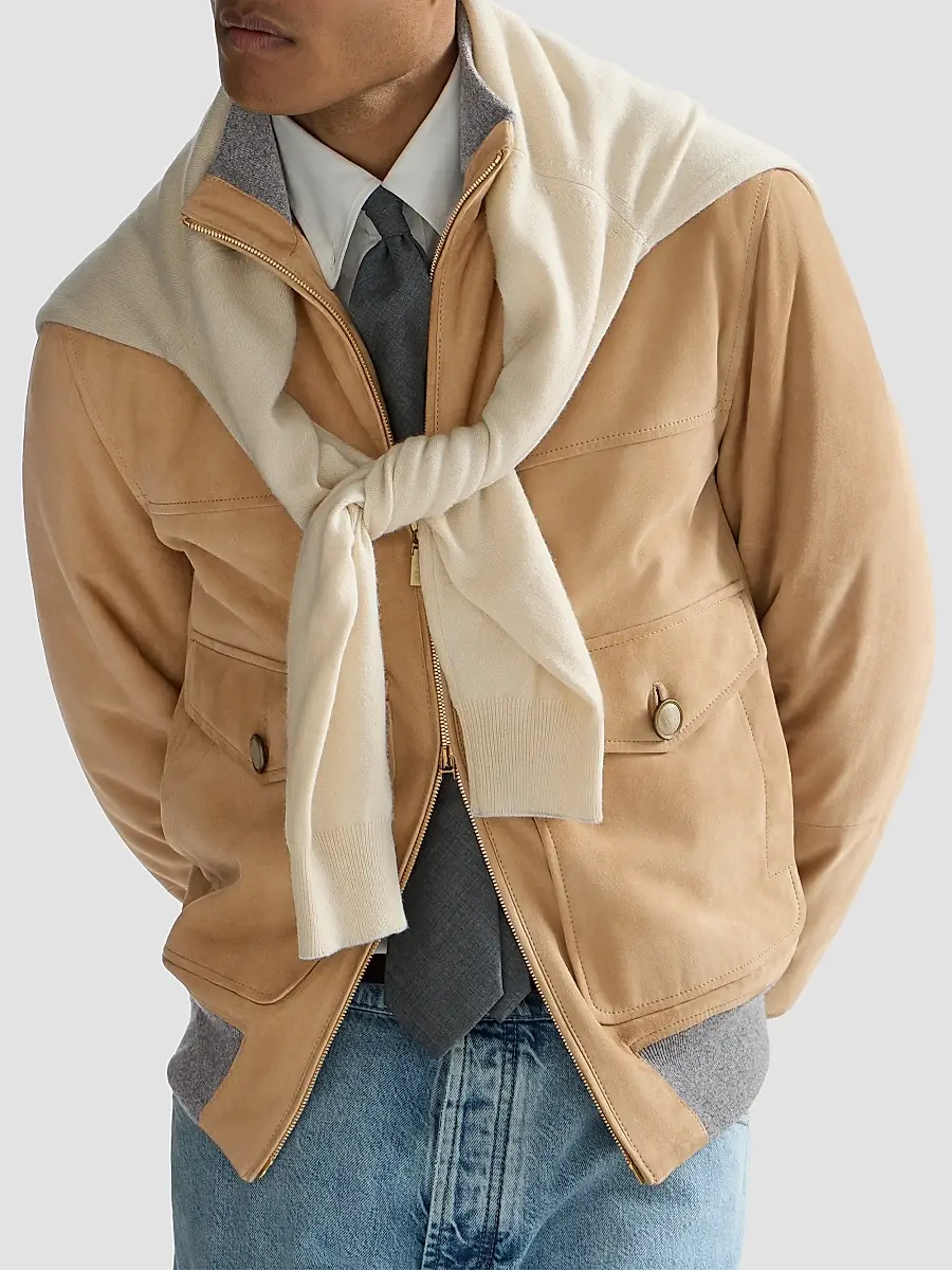 Brunello Cucinelli Men's Suede Bomber Jacket with Thermore Padding - Sand | Thumbnail 4