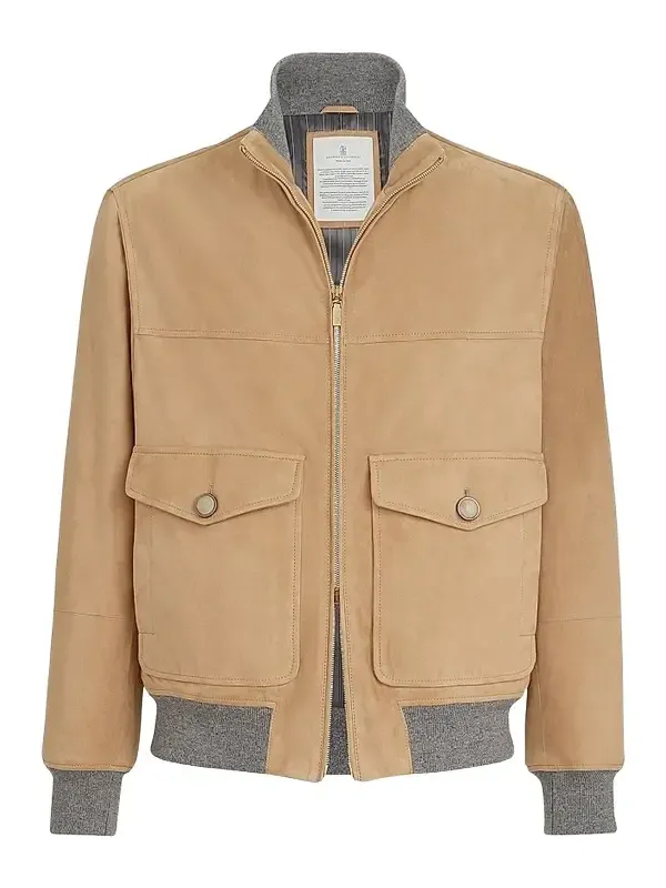 Brunello Cucinelli Men's Suede Bomber Jacket with Thermore Padding - Sand