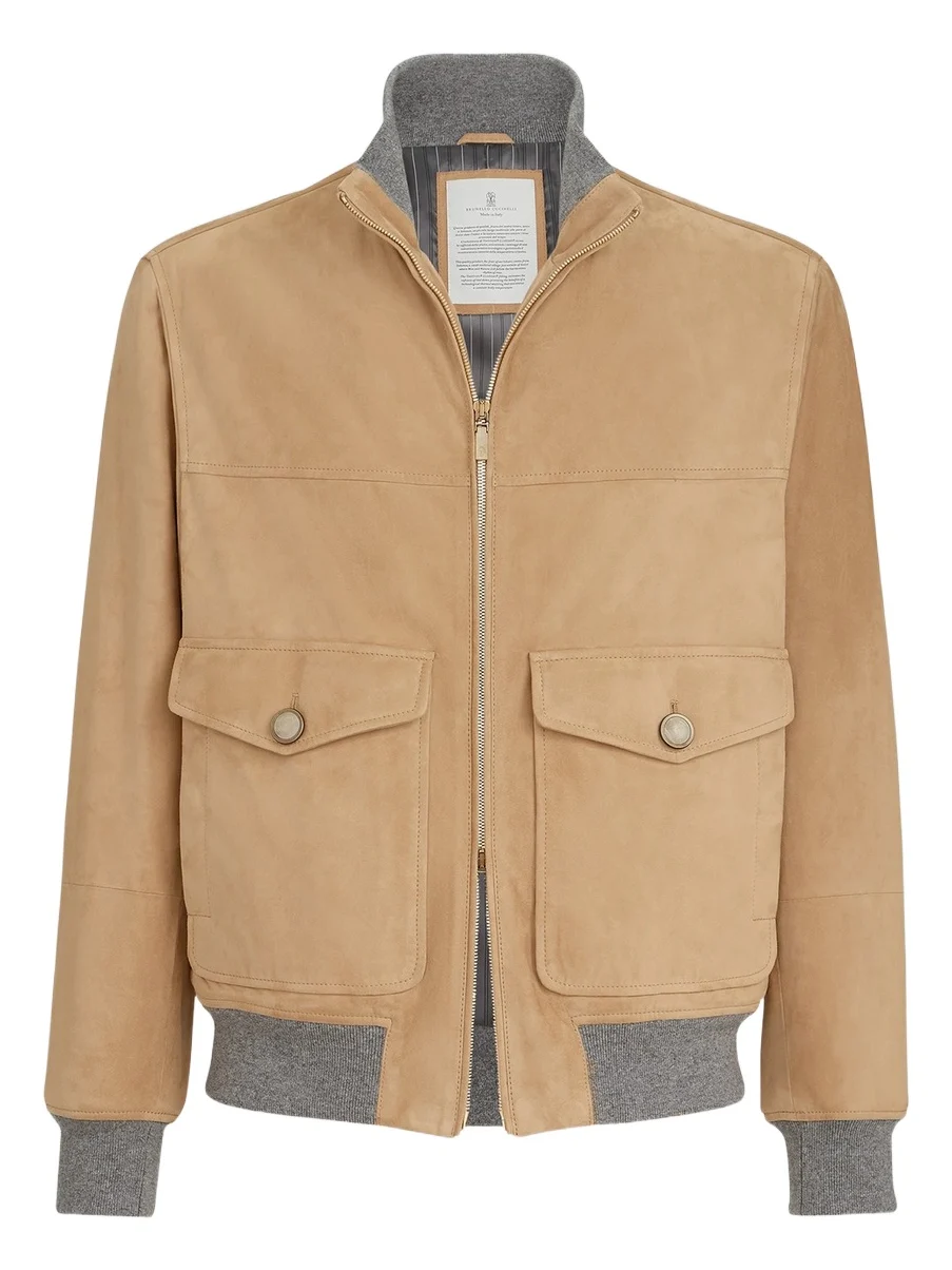 Brunello Cucinelli Men's Suede Bomber Jacket with Thermore Padding - Sand