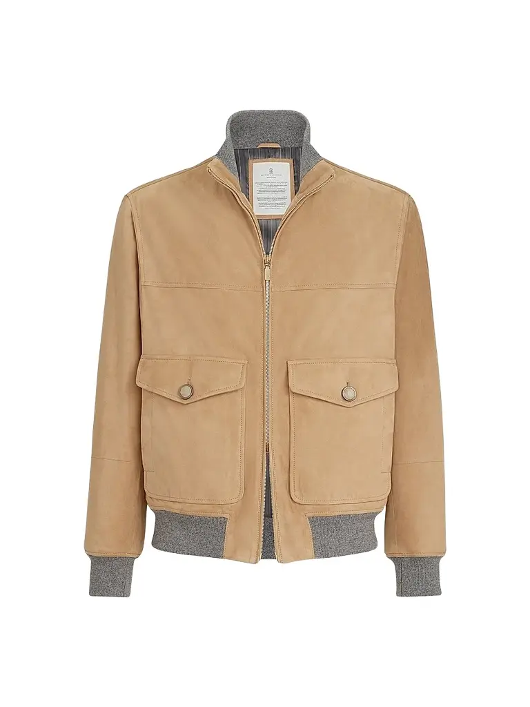 Brunello Cucinelli Men's Suede Bomber Jacket with Thermore Padding - Sand | Image 1 Brunello Cucinelli Men's Suede Bomber Jacket with Thermore Padding - Sand | Image 1