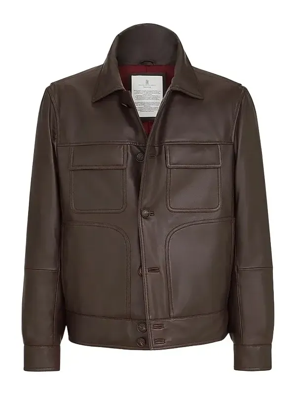 Brunello Cucinelli Men's Nappa Leather Outerwear Jacket with Thermore Padding - Coffee