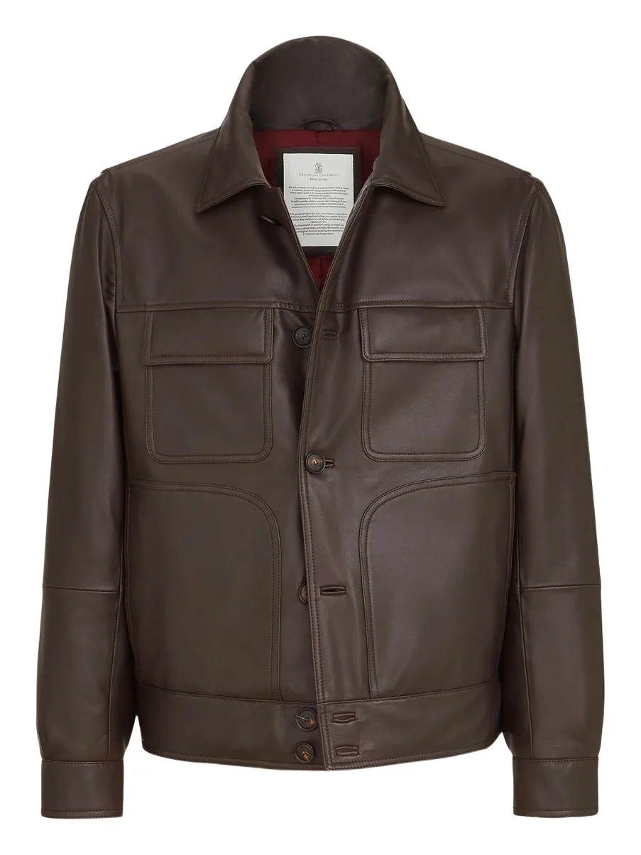 Brunello Cucinelli Men's Nappa Leather Outerwear Jacket with Thermore Padding - Coffee