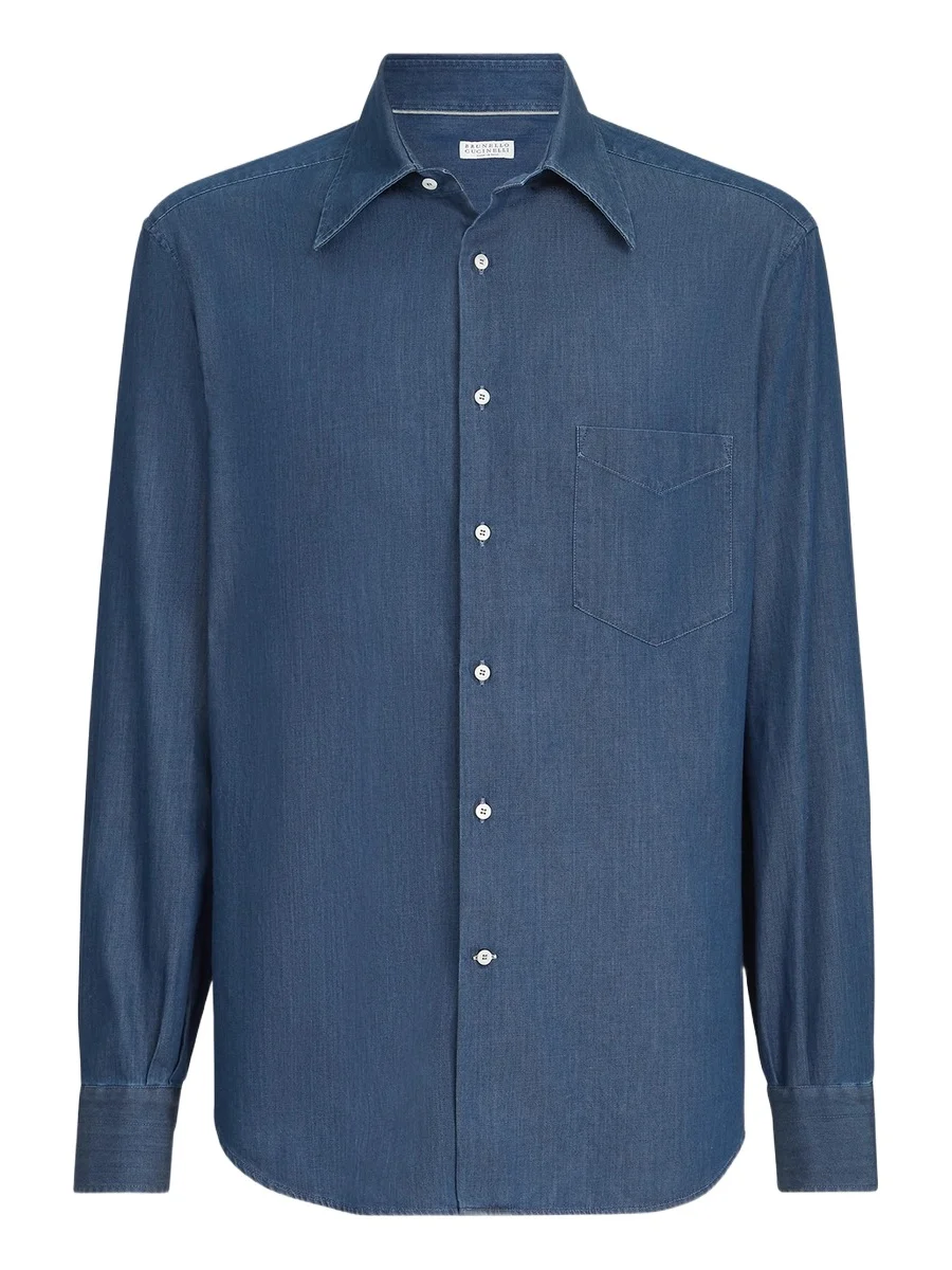 Brunello Cucinelli Men's Lightweight Denim Shirt with Italian Collar - Dark Denim