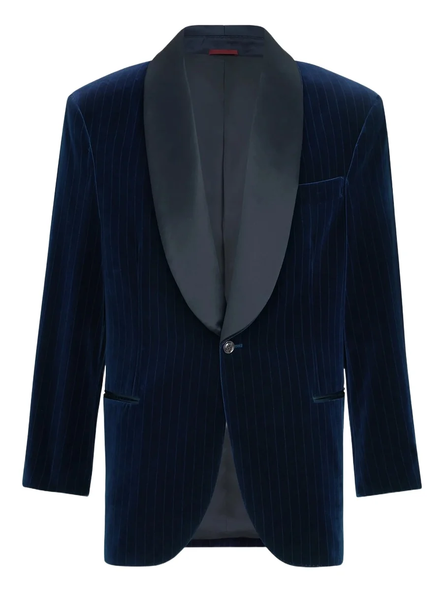 Brunello Cucinelli Men's Cotton Chalk Stripe Velvet Tuxedo Jacket with Shawl Lapels - Navy Blue