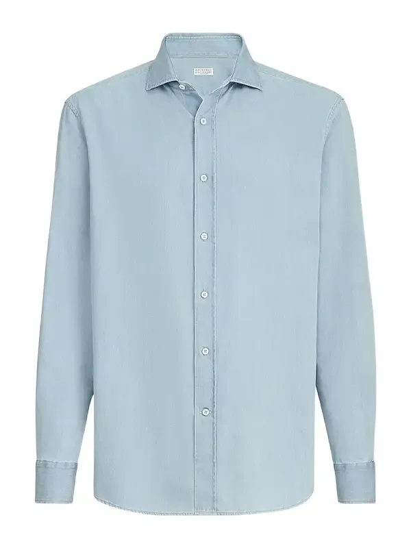 Brunello Cucinelli Men's Lightweight Denim Shirt with Spread Collar - Light Denim