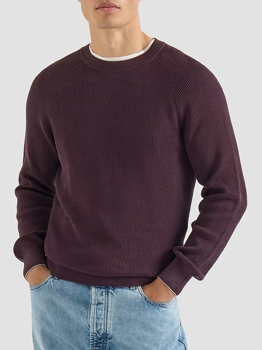 Brunello Cucinelli Men's Cotton English Rib Sweater with Raglan Sleeves - Dark Purple | Thumbnail 2 Brunello Cucinelli Men's Cotton English Rib Sweater with Raglan Sleeves - Dark Purple | Thumbnail 2