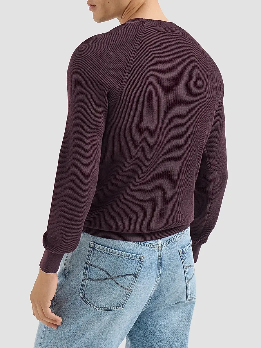 Brunello Cucinelli Men's Cotton English Rib Sweater with Raglan Sleeves - Dark Purple | Thumbnail 3 Brunello Cucinelli Men's Cotton English Rib Sweater with Raglan Sleeves - Dark Purple | Thumbnail 3