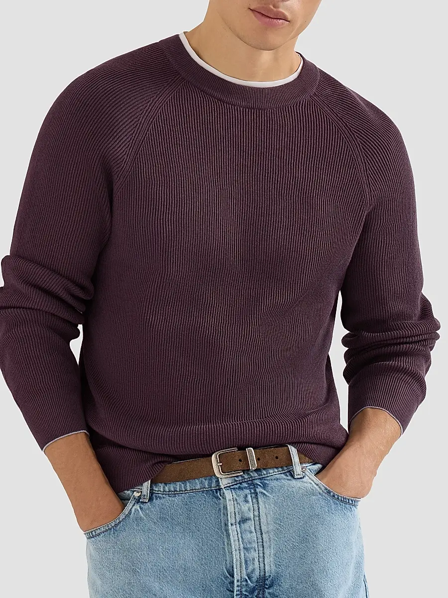 Brunello Cucinelli Men's Cotton English Rib Sweater with Raglan Sleeves - Dark Purple | Thumbnail 4 Brunello Cucinelli Men's Cotton English Rib Sweater with Raglan Sleeves - Dark Purple | Thumbnail 4