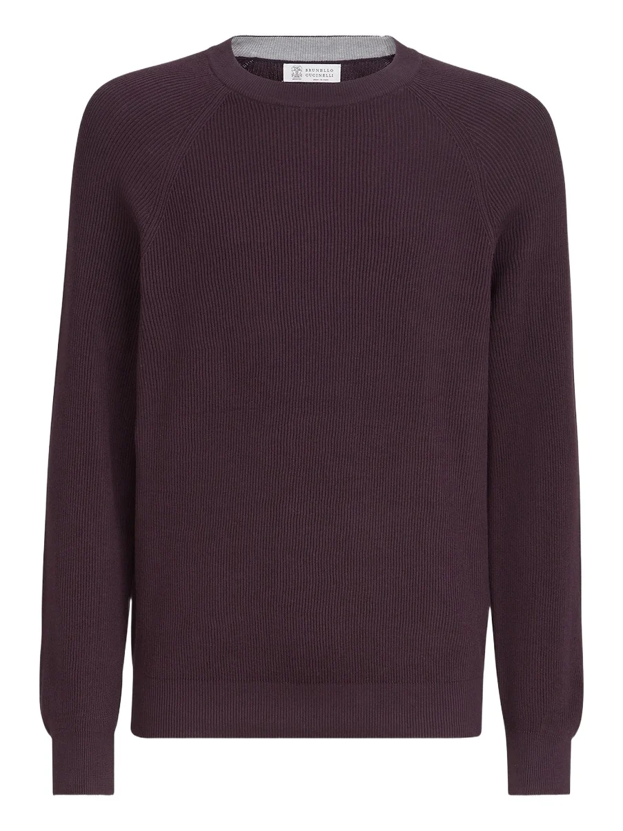 Brunello Cucinelli Men's Cotton English Rib Sweater with Raglan Sleeves - Dark Purple