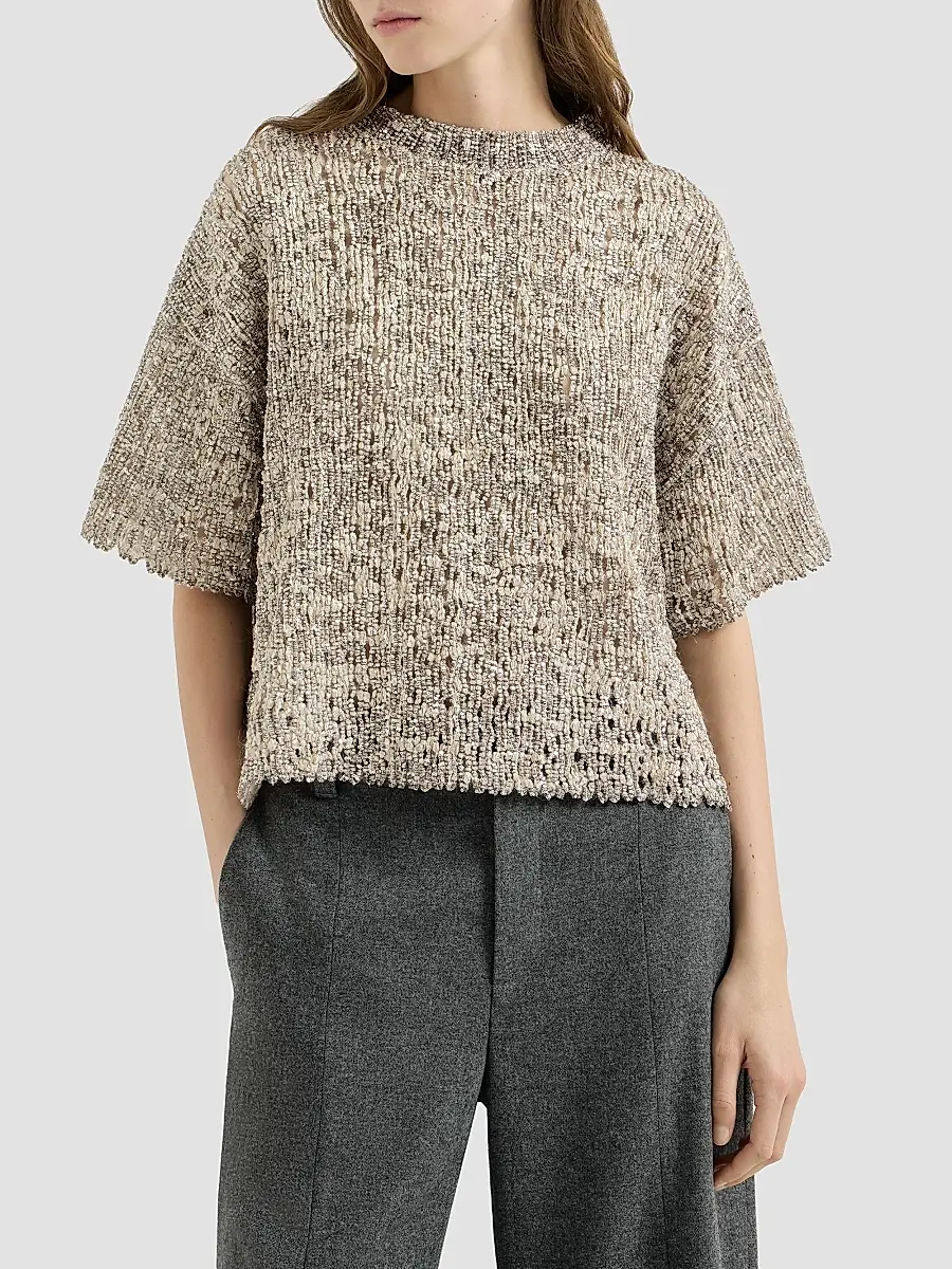 Brunello Cucinelli Women's Dazzling Craquelé Embroidery T-Shirt in Mohair and Wool - Silver Multi | Thumbnail 2 Brunello Cucinelli Women's Dazzling Craquelé Embroidery T-Shirt in Mohair and Wool - Silver Multi | Thumbnail 2