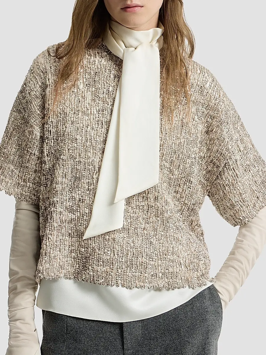 Brunello Cucinelli Women's Dazzling Craquelé Embroidery T-Shirt in Mohair and Wool - Silver Multi | Thumbnail 4 Brunello Cucinelli Women's Dazzling Craquelé Embroidery T-Shirt in Mohair and Wool - Silver Multi | Thumbnail 4