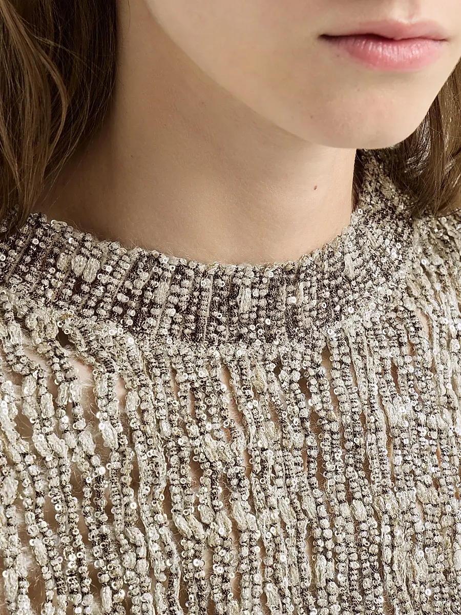 Brunello Cucinelli Women's Dazzling Craquelé Embroidery T-Shirt in Mohair and Wool - Silver Multi | Thumbnail 5 Brunello Cucinelli Women's Dazzling Craquelé Embroidery T-Shirt in Mohair and Wool - Silver Multi | Thumbnail 5