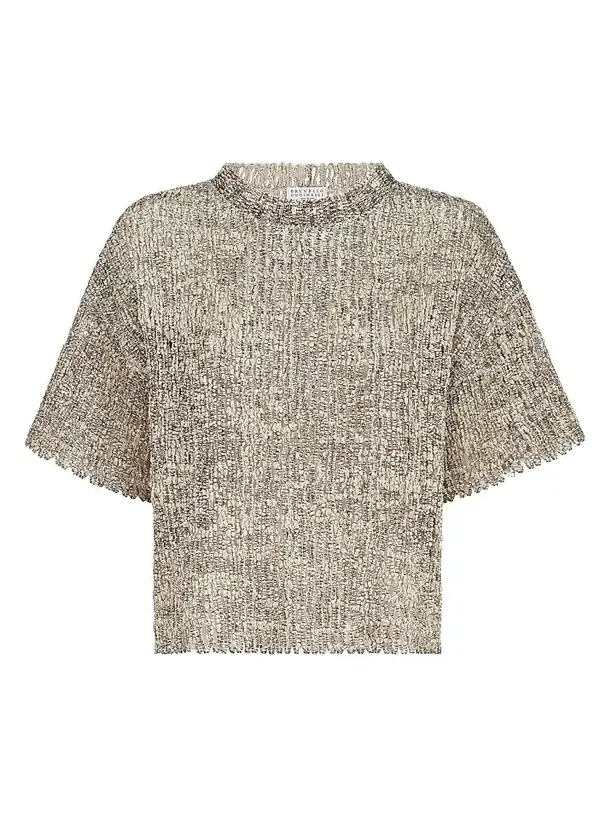 Brunello Cucinelli Women's Dazzling Craquelé Embroidery T-Shirt in Mohair and Wool - Silver Multi