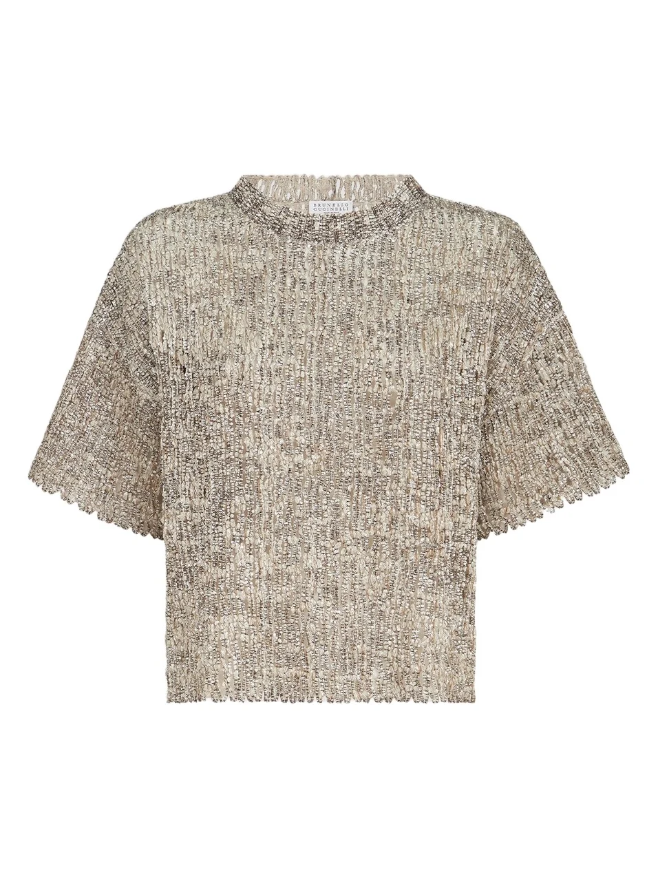 Brunello Cucinelli Women's Dazzling Craquelé Embroidery T-Shirt in Mohair and Wool - Silver Multi