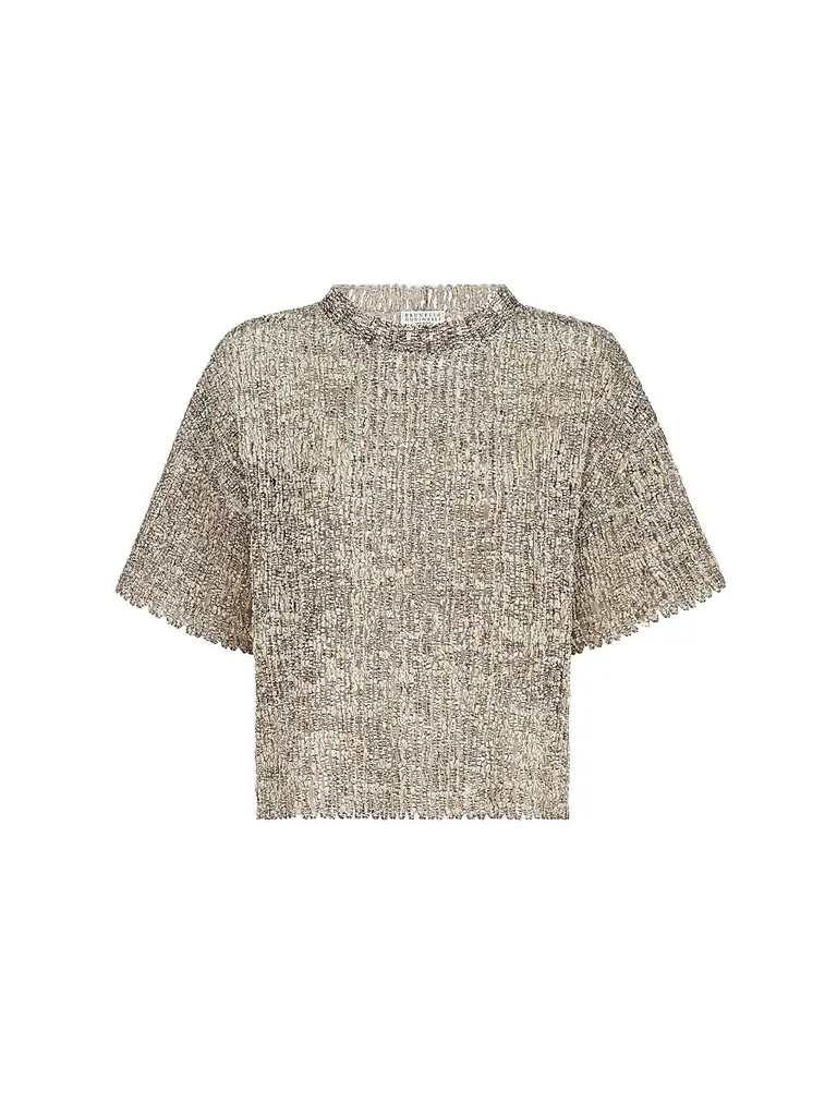 Brunello Cucinelli Women's Dazzling Craquelé Embroidery T-Shirt in Mohair and Wool - Silver Multi
