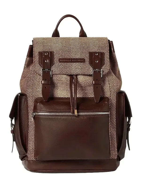 Brunello Cucinelli Men's Burnished Calfskin and Chevron-Effect Techno Fabric City Backpack
