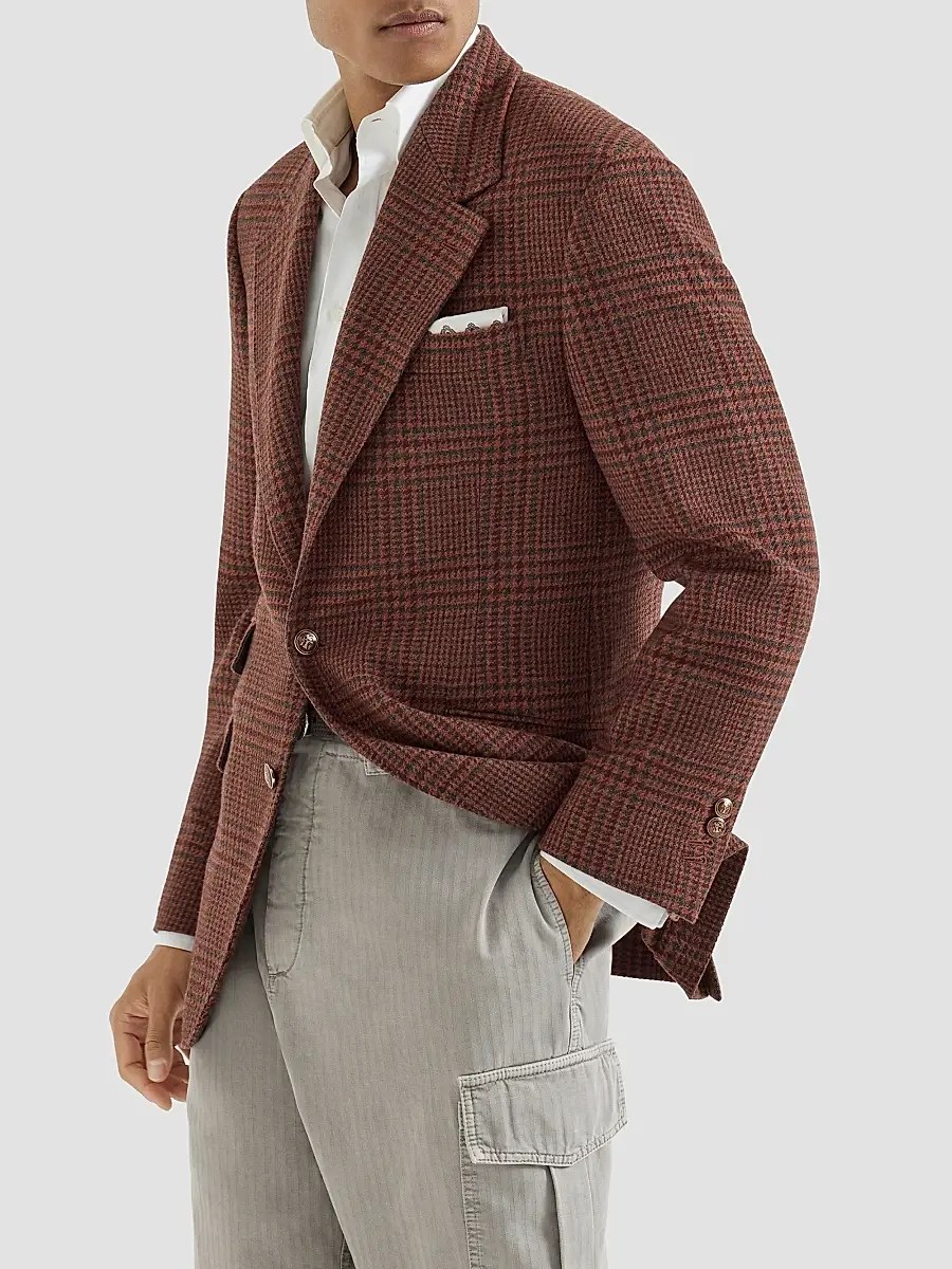 Brunello Cucinelli Men's Cashmere Prince of Wales Cavallo Tailor Blazer | Thumbnail 3 Brunello Cucinelli Men's Cashmere Prince of Wales Cavallo Tailor Blazer | Thumbnail 3