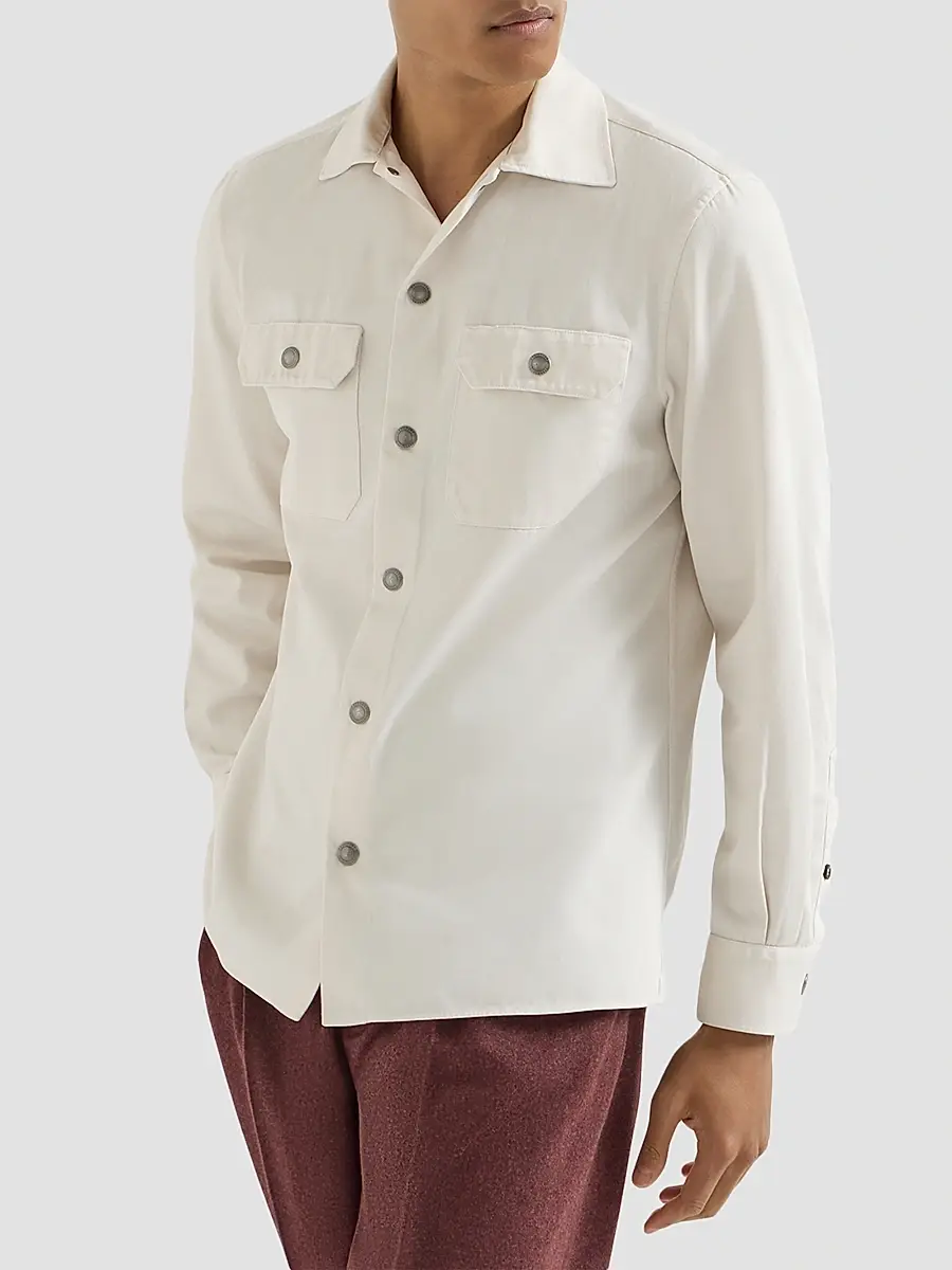 Brunello Cucinelli Men's Garment-Dyed Overshirt in Cotton Gabardine - White | Thumbnail 2