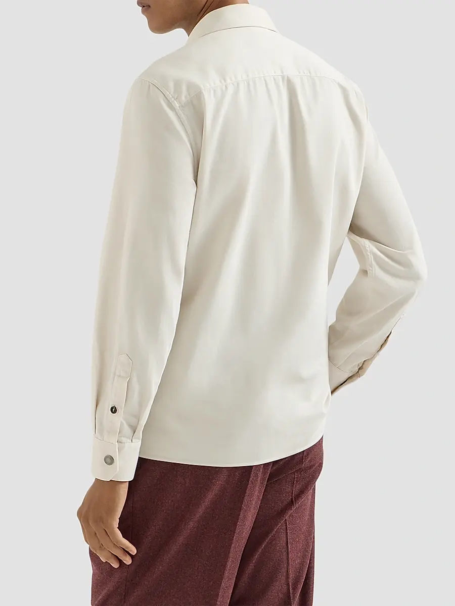 Brunello Cucinelli Men's Garment-Dyed Overshirt in Cotton Gabardine - White | Thumbnail 3