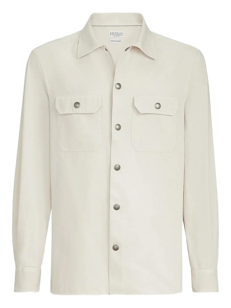 Brunello Cucinelli Men's Garment-Dyed Overshirt in Cotton Gabardine - White