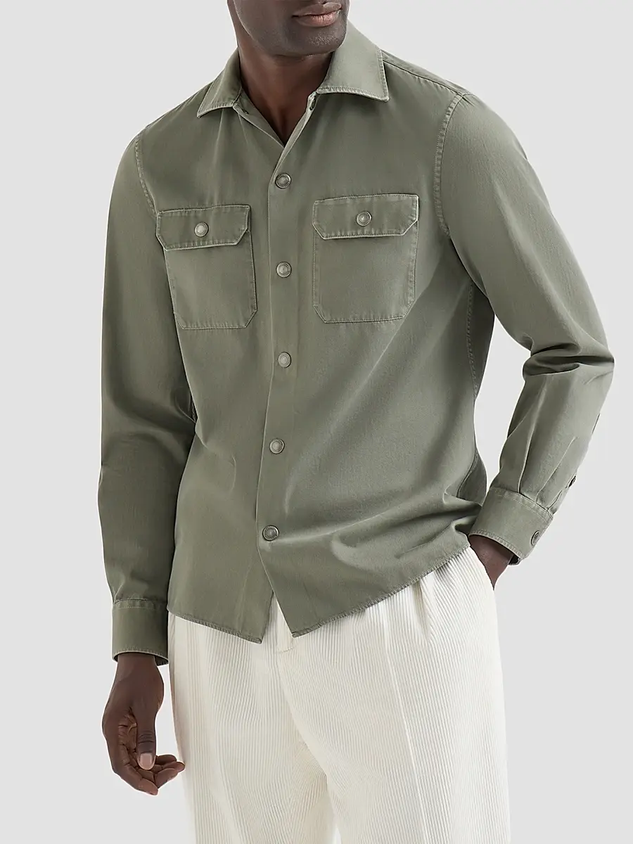 Brunello Cucinelli Men's Garment-Dyed Overshirt in Cotton Gabardine - Military | Thumbnail 2 Brunello Cucinelli Men's Garment-Dyed Overshirt in Cotton Gabardine - Military | Thumbnail 2