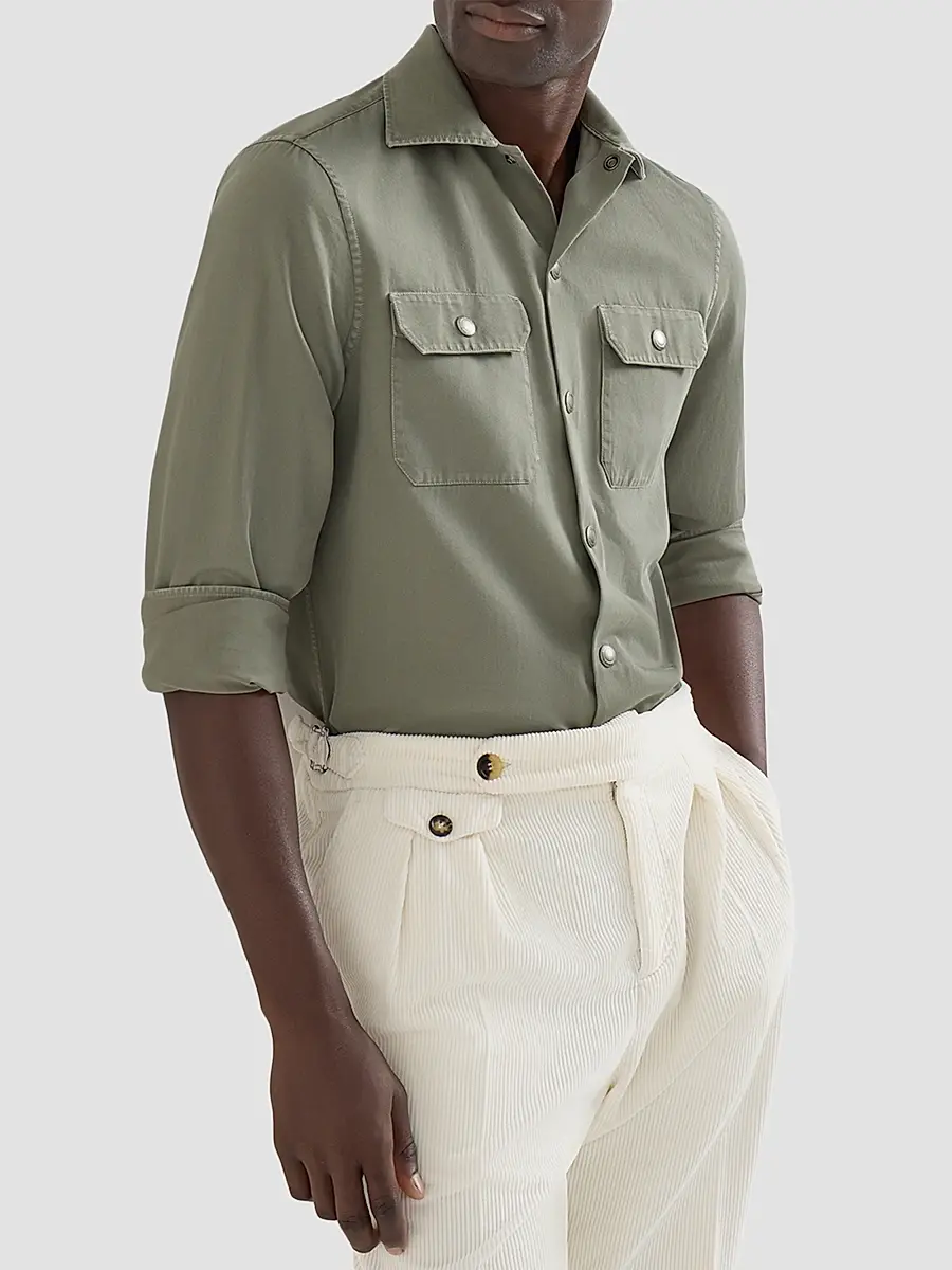 Brunello Cucinelli Men's Garment-Dyed Overshirt in Cotton Gabardine - Military | Thumbnail 4 Brunello Cucinelli Men's Garment-Dyed Overshirt in Cotton Gabardine - Military | Thumbnail 4