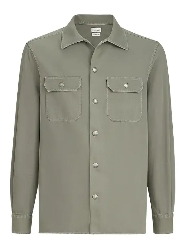 Brunello Cucinelli Men's Garment-Dyed Overshirt in Cotton Gabardine - Military