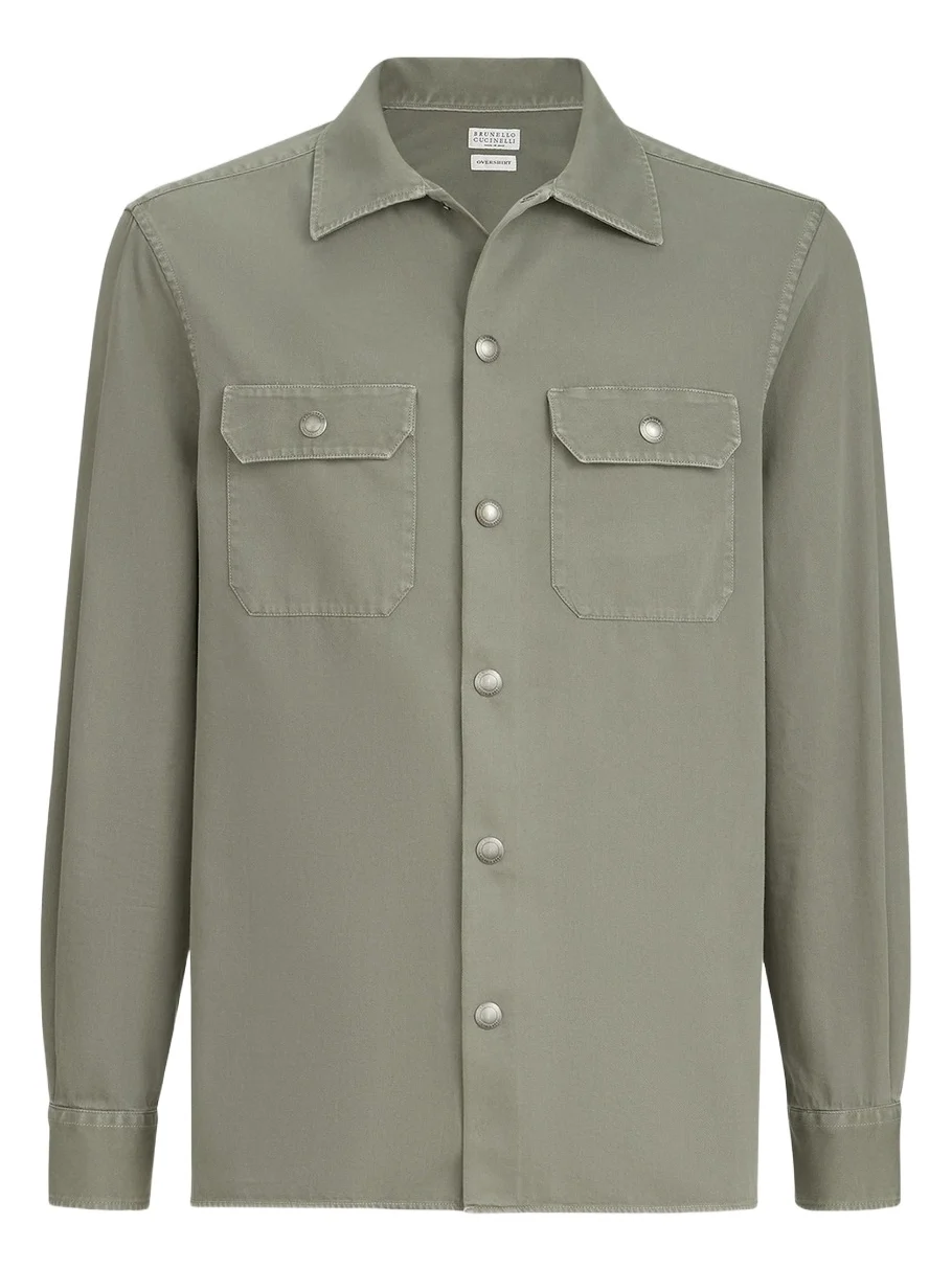 Brunello Cucinelli Men's Garment-Dyed Overshirt in Cotton Gabardine - Military
