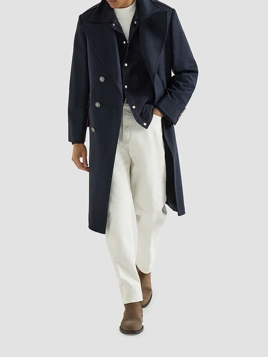 Brunello Cucinelli Men's Cashmere Chevron Flannel One-and-a-Half Breasted Coat | Thumbnail 6