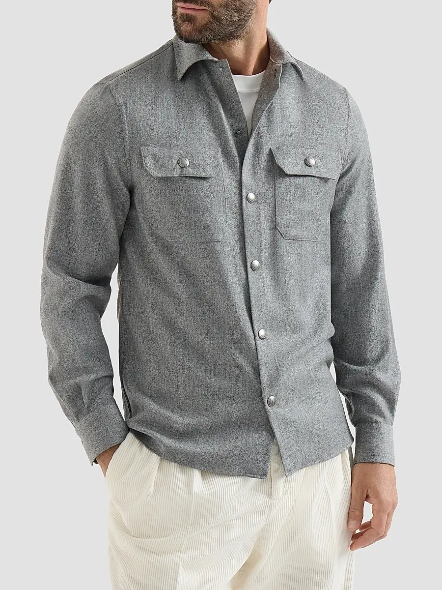 Brunello Cucinelli Men's Virgin Wool Flannel Overshirt with Spread Collar - Grey | Thumbnail 2 Brunello Cucinelli Men's Virgin Wool Flannel Overshirt with Spread Collar - Grey | Thumbnail 2