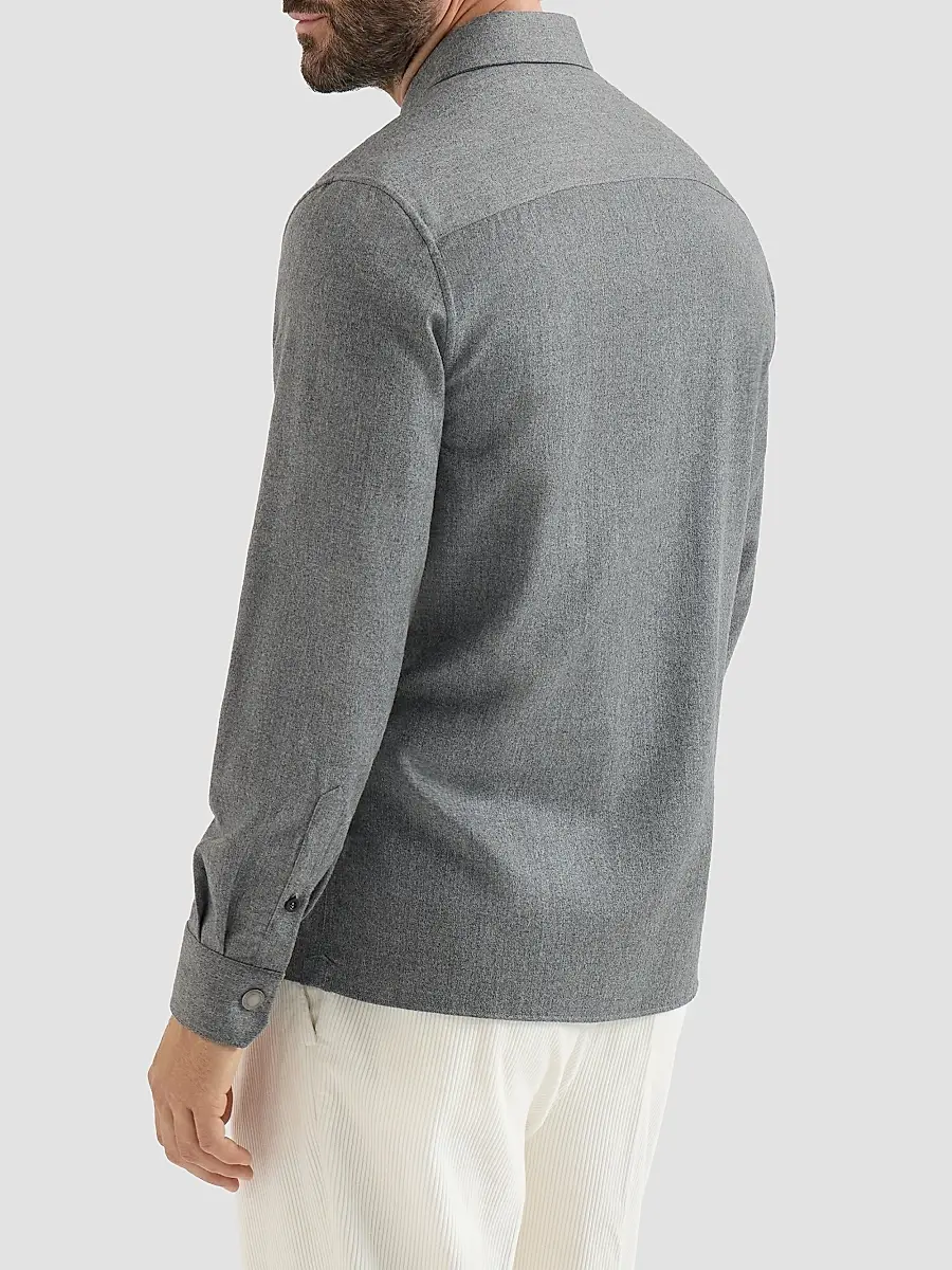 Brunello Cucinelli Men's Virgin Wool Flannel Overshirt with Spread Collar - Grey | Thumbnail 3 Brunello Cucinelli Men's Virgin Wool Flannel Overshirt with Spread Collar - Grey | Thumbnail 3