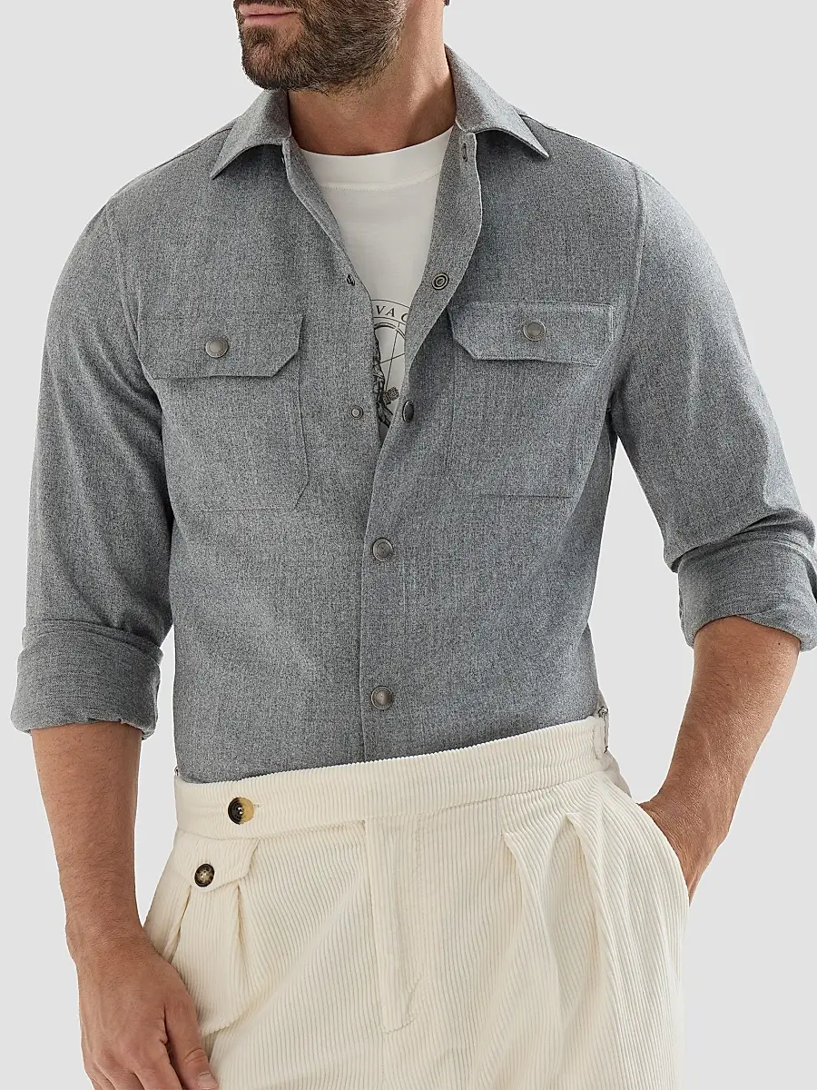 Brunello Cucinelli Men's Virgin Wool Flannel Overshirt with Spread Collar - Grey | Thumbnail 4 Brunello Cucinelli Men's Virgin Wool Flannel Overshirt with Spread Collar - Grey | Thumbnail 4
