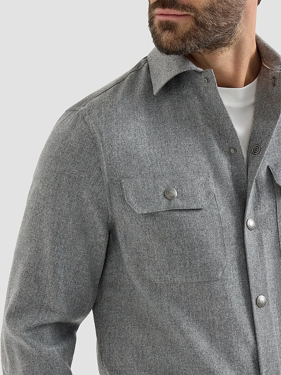 Brunello Cucinelli Men's Virgin Wool Flannel Overshirt with Spread Collar - Grey | Thumbnail 5 Brunello Cucinelli Men's Virgin Wool Flannel Overshirt with Spread Collar - Grey | Thumbnail 5
