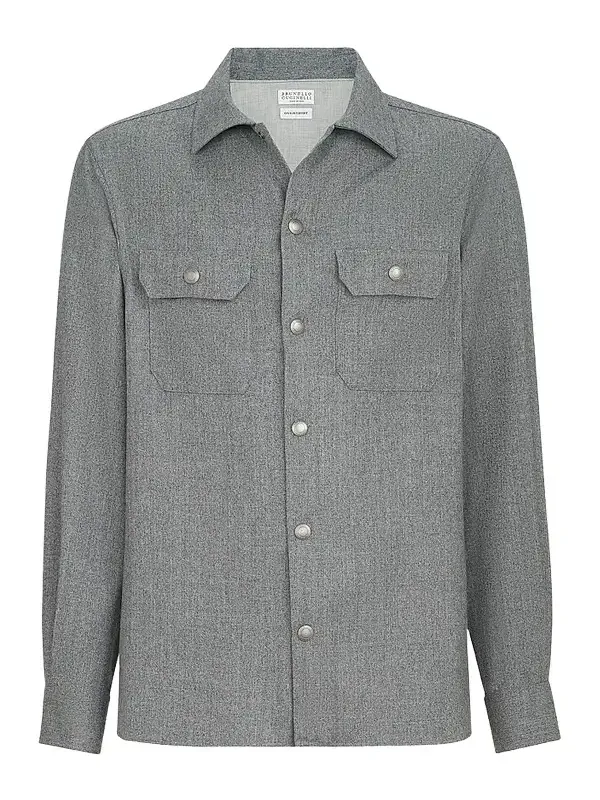 Brunello Cucinelli Men's Virgin Wool Flannel Overshirt with Spread Collar - Grey