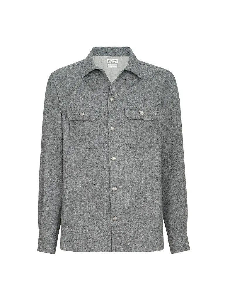 Brunello Cucinelli Men's Virgin Wool Flannel Overshirt with Spread Collar - Grey