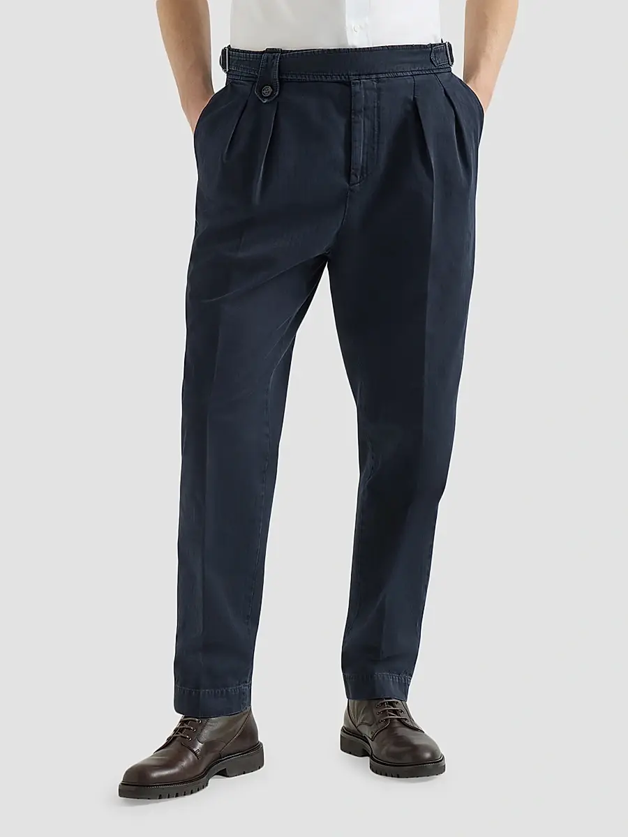 Brunello Cucinelli Men's Cotton Chevron Trousers with Double Pleats - Navy Blue | Thumbnail 2 Brunello Cucinelli Men's Cotton Chevron Trousers with Double Pleats - Navy Blue | Thumbnail 2