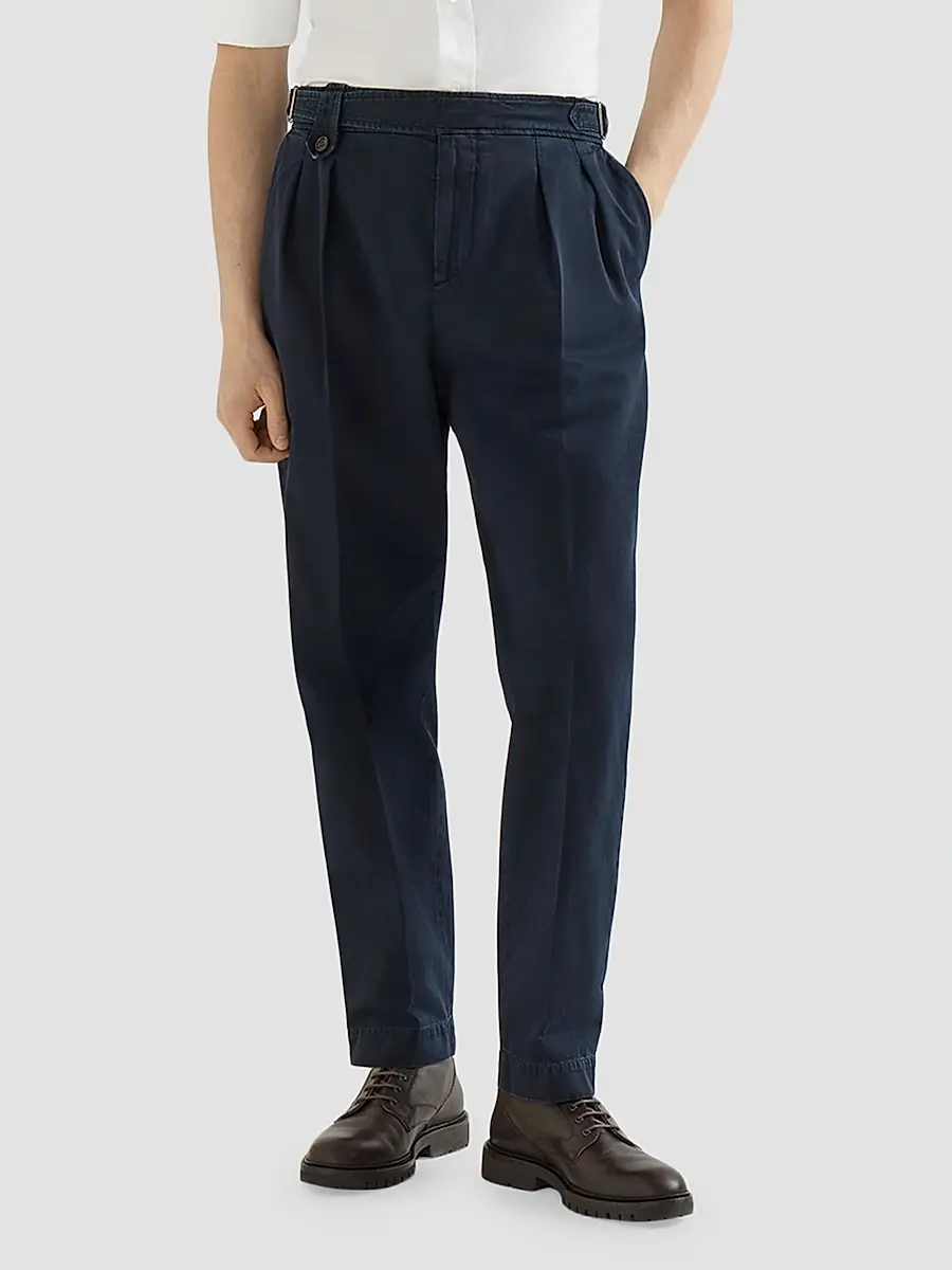 Brunello Cucinelli Men's Cotton Chevron Trousers with Double Pleats - Navy Blue | Thumbnail 4 Brunello Cucinelli Men's Cotton Chevron Trousers with Double Pleats - Navy Blue | Thumbnail 4