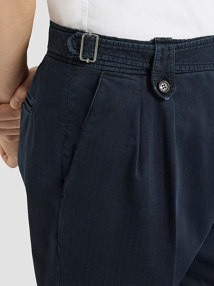 Brunello Cucinelli Men's Cotton Chevron Trousers with Double Pleats - Navy Blue | Thumbnail 5 Brunello Cucinelli Men's Cotton Chevron Trousers with Double Pleats - Navy Blue | Thumbnail 5
